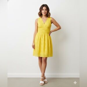 Harold's Yellow Eyelet Cotton Dress Size 6 Scalloped V-Neck Ruched Tulip🧡